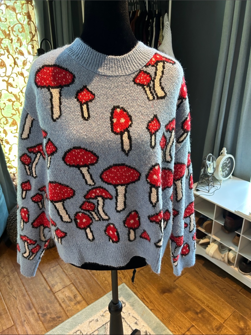 Zara Light Blue Crewneck Sweater with Red Mushroom Motif